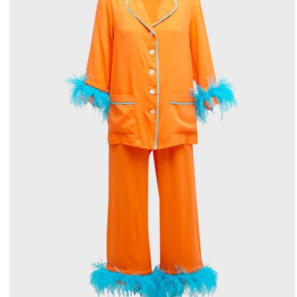 SLEEPER CROPPED DETACHABLE FEATHER-TRIM PARTY PAJAMA SET IN ORANGE - Size XS - Picture 5 of 13